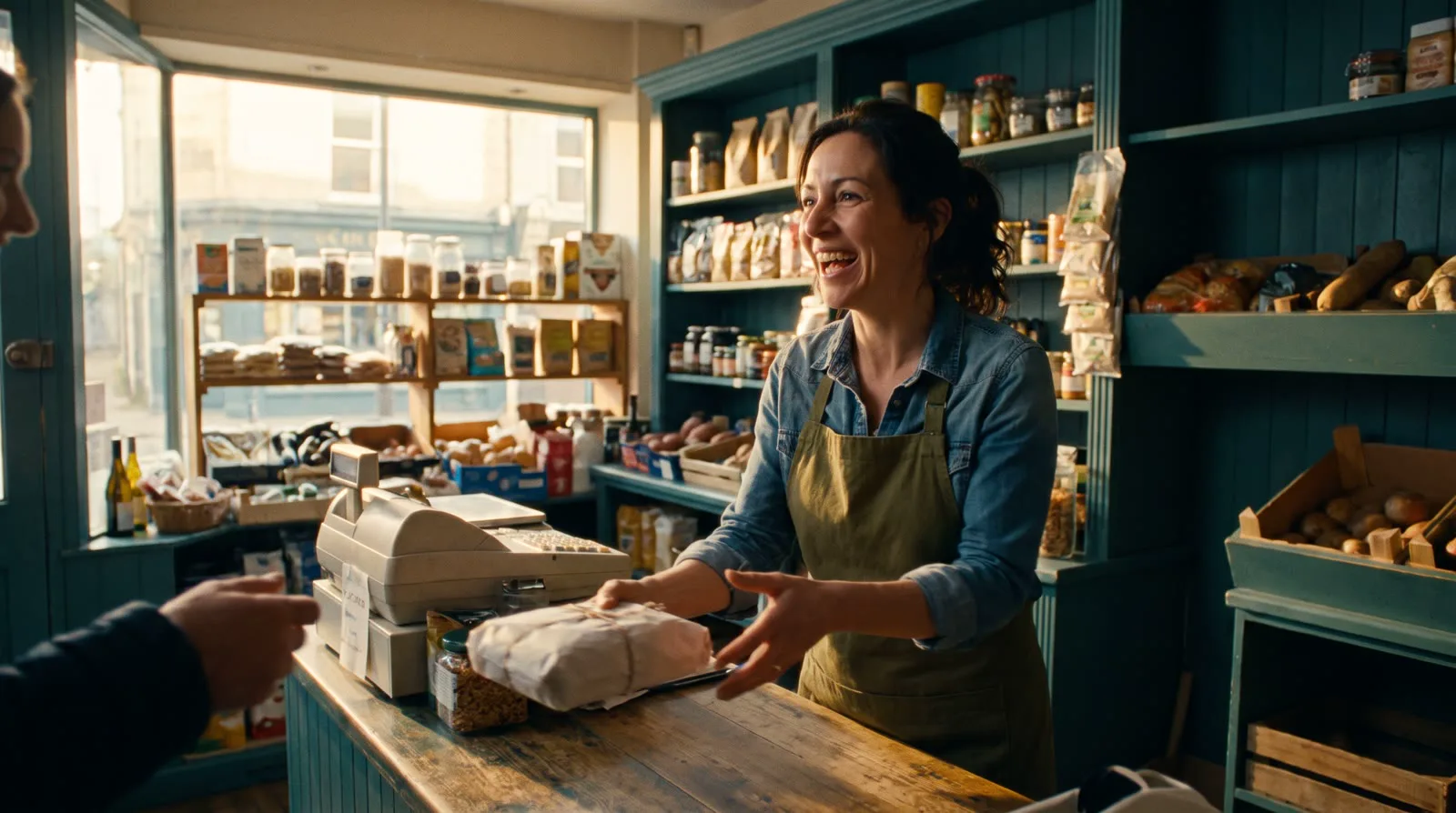 A shop owner hands a parcel across a warm counter