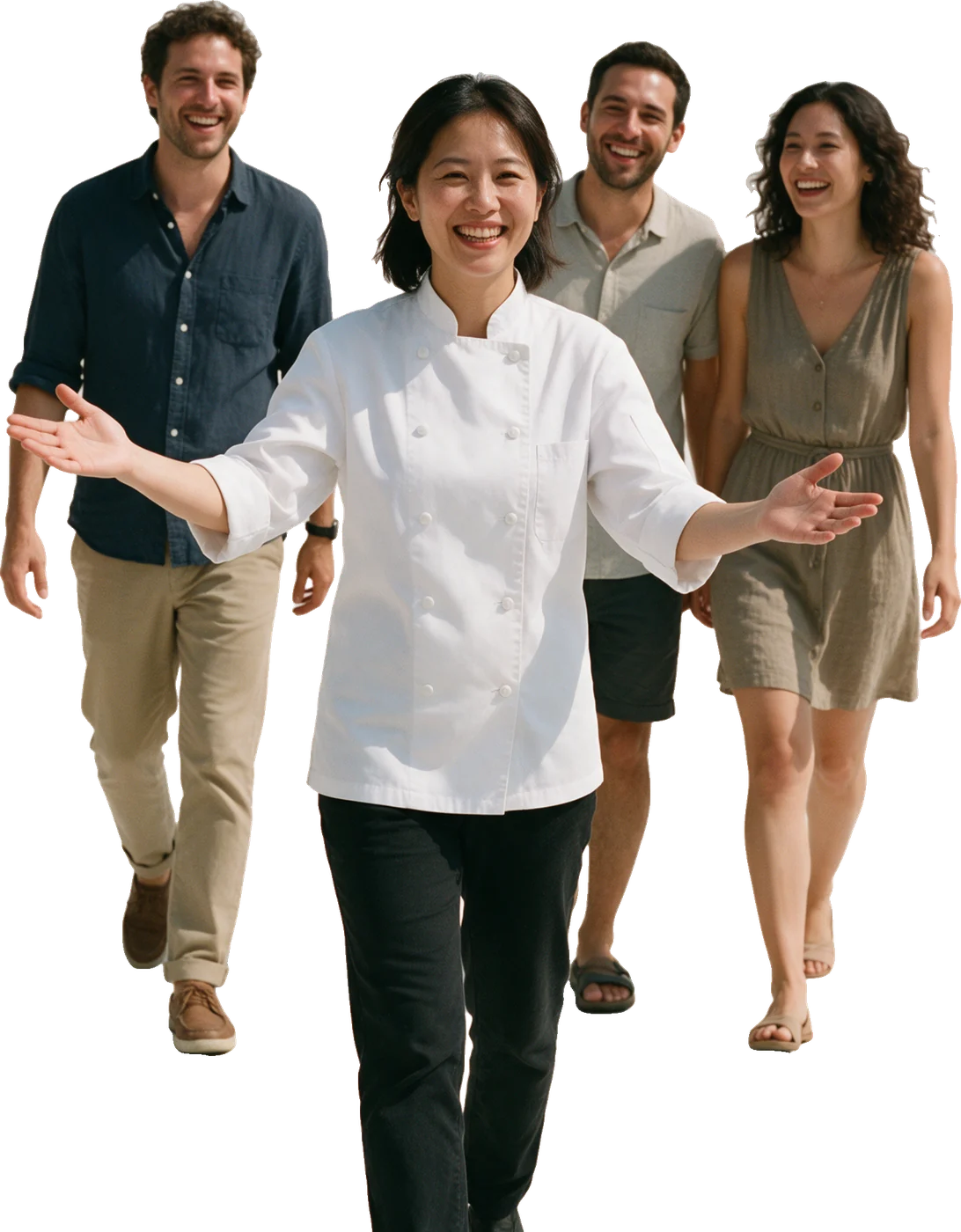 A restaurant owner welcoming a line of new customers