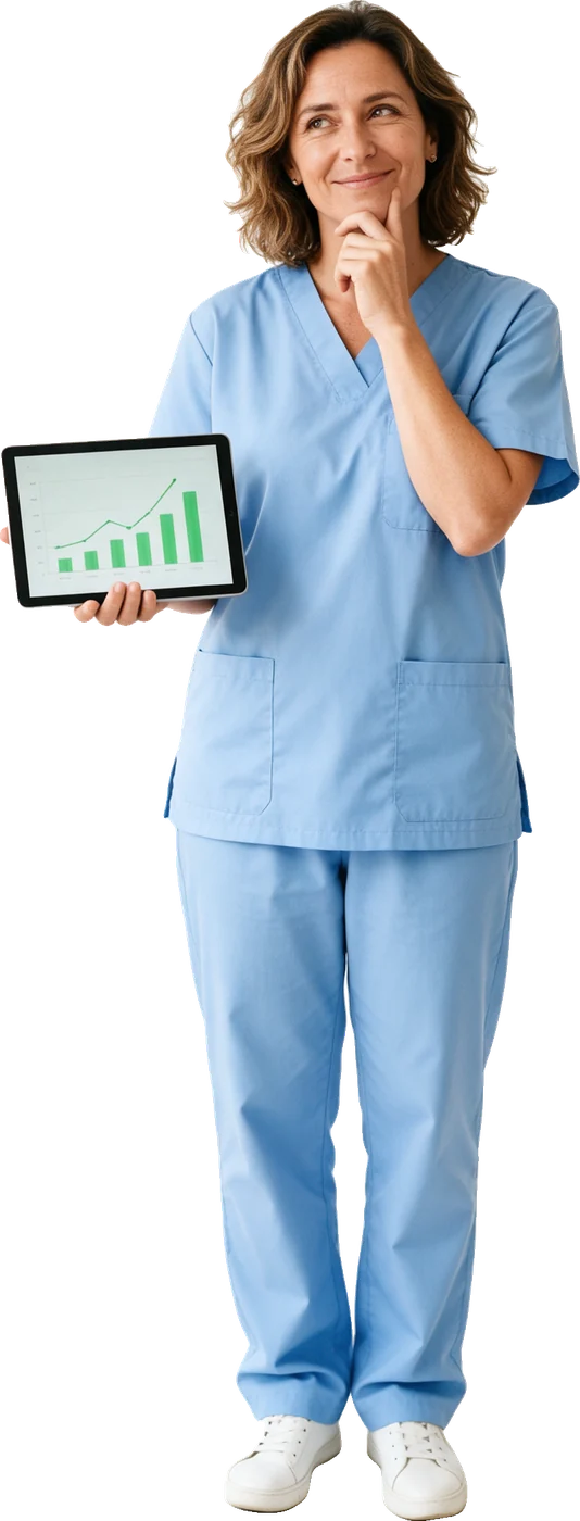 A clinic owner reading a chart on her tablet
