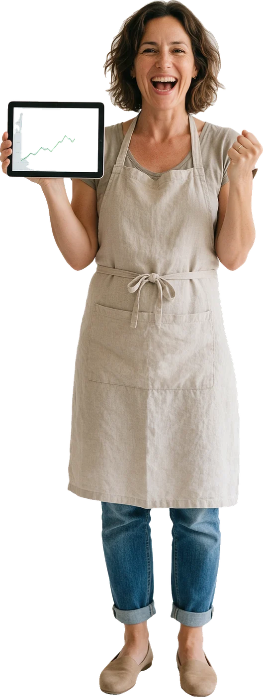A boutique owner holding up a tablet with a rising chart