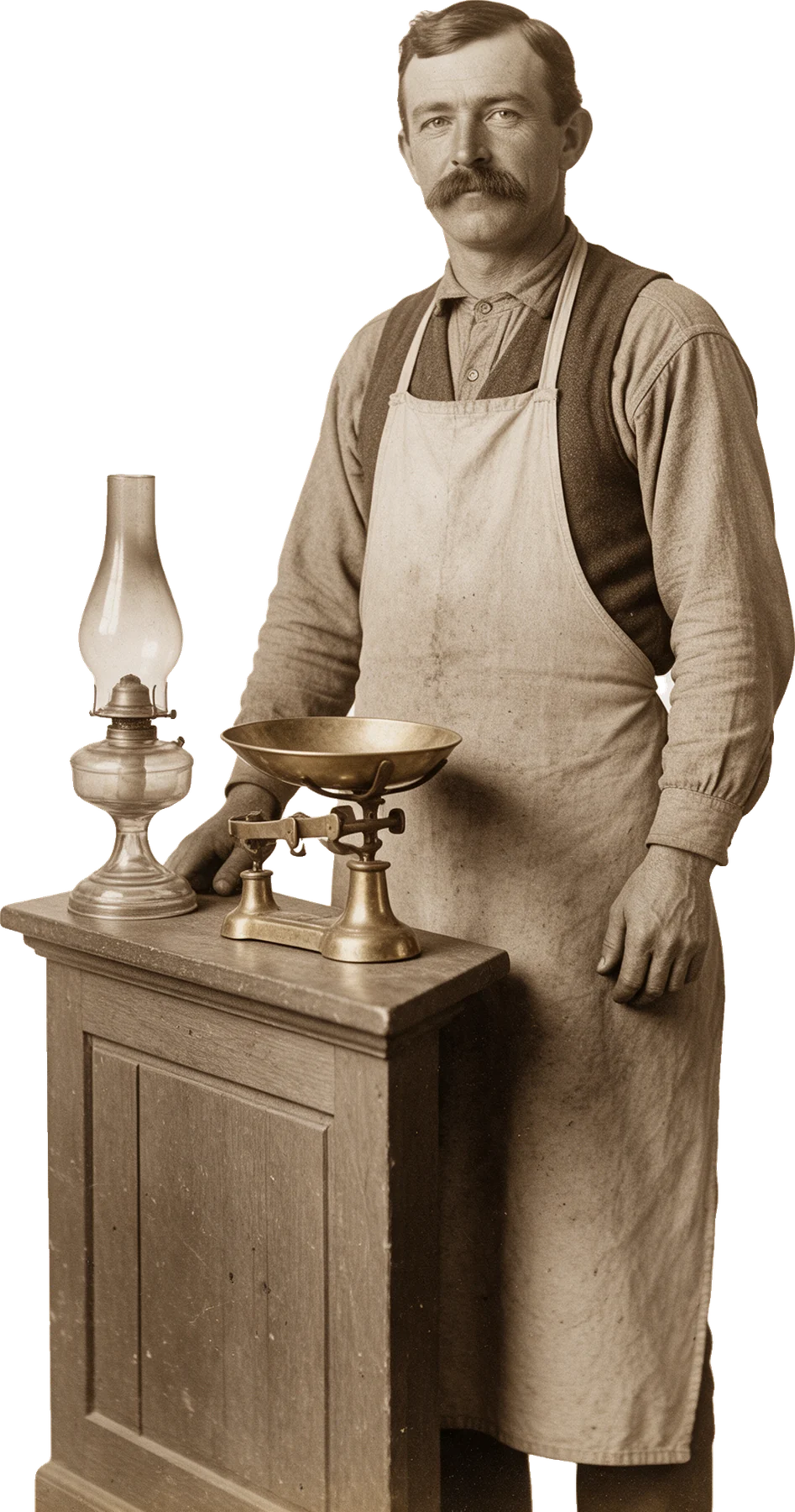 A shopkeeper behind his counter with an oil lamp