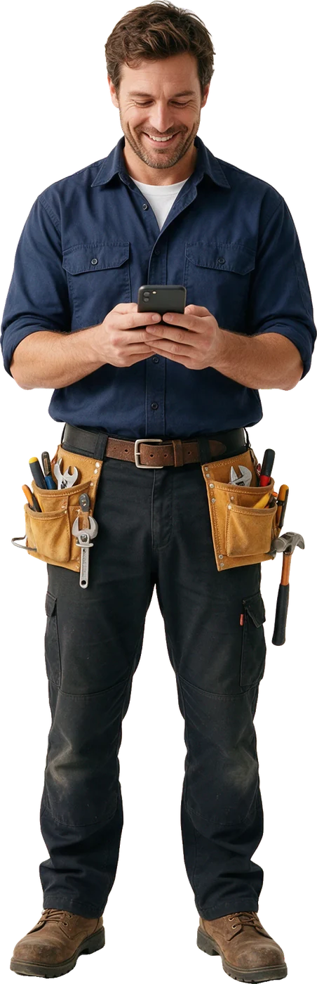 A plumber reading new customer enquiries on his phone