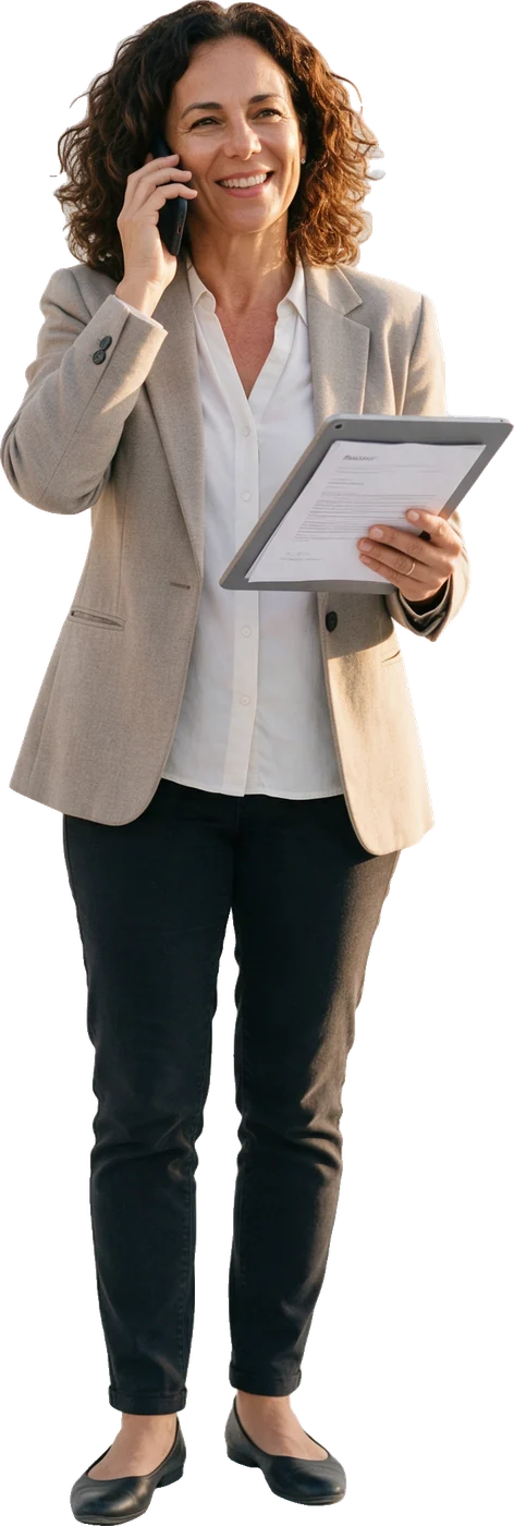 An agent on the phone with a proposal on her tablet