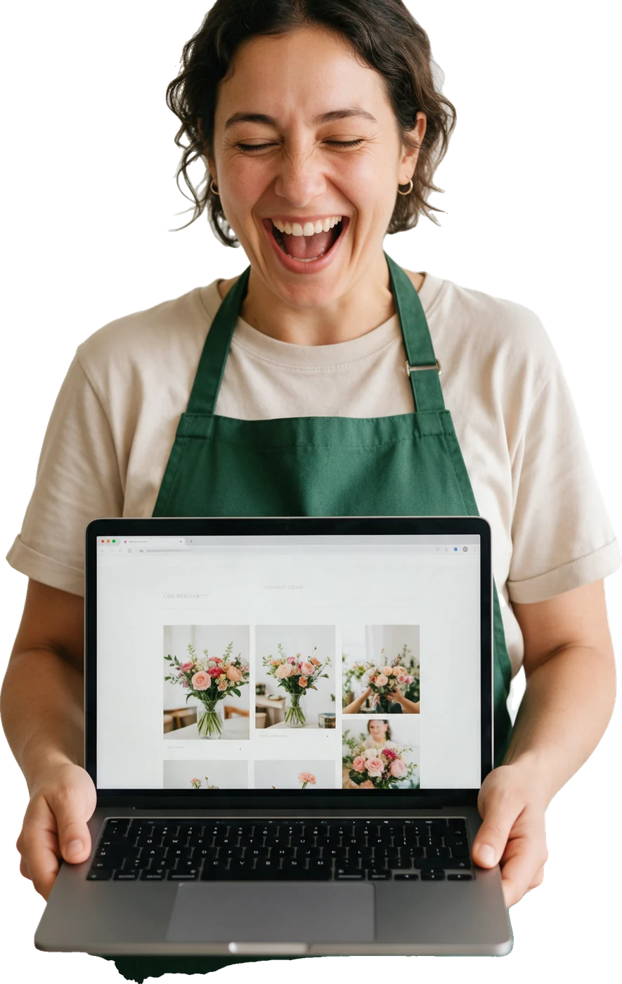 A florist showing her new website on a laptop