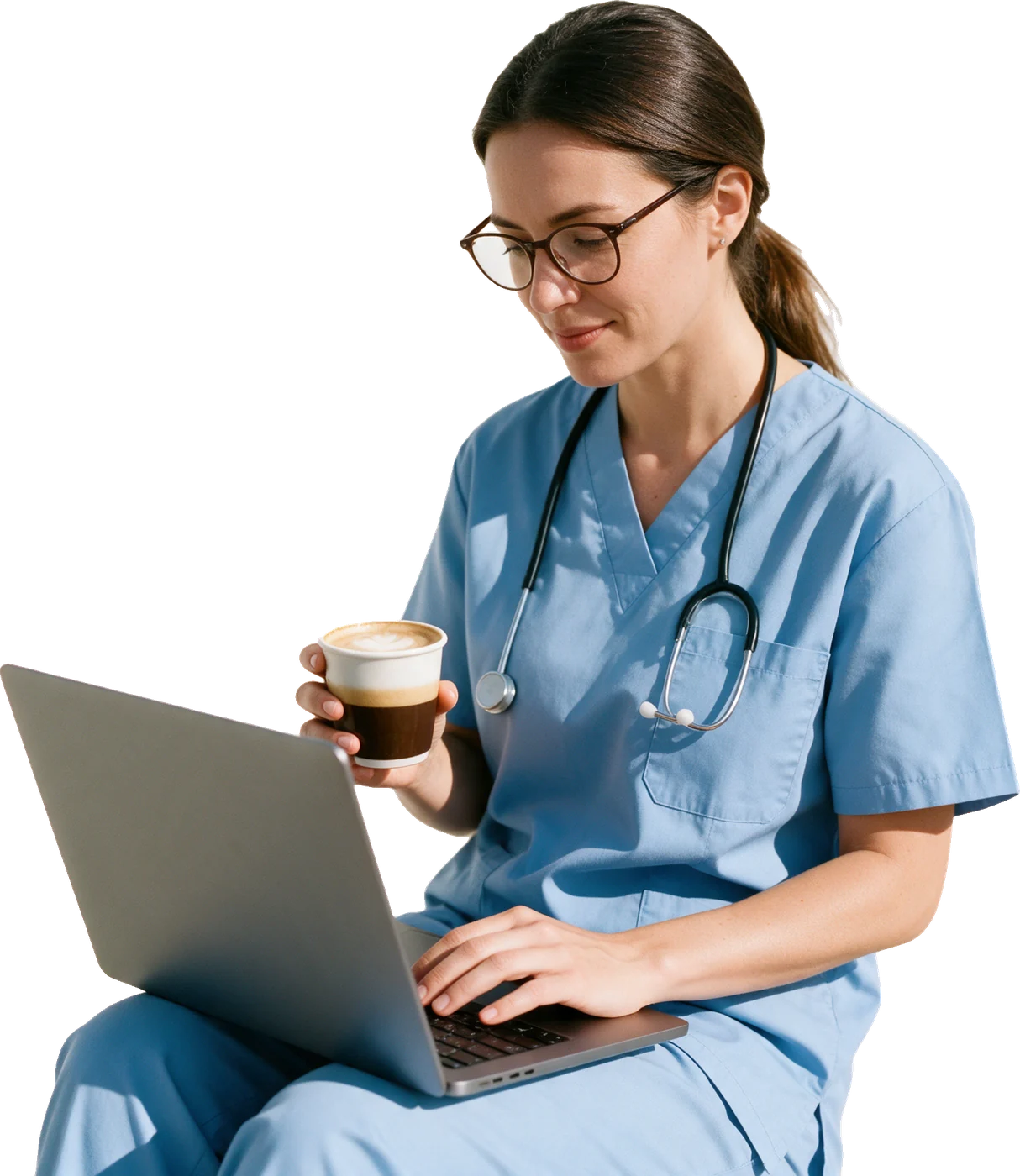 A dentist relaxed at her laptop with a coffee