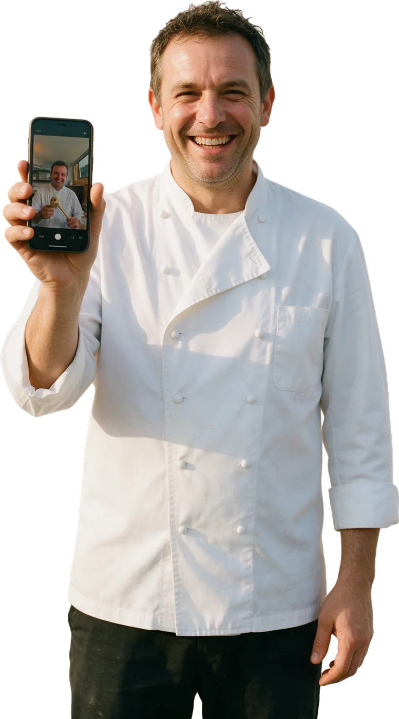A chef holding up a phone playing a short video