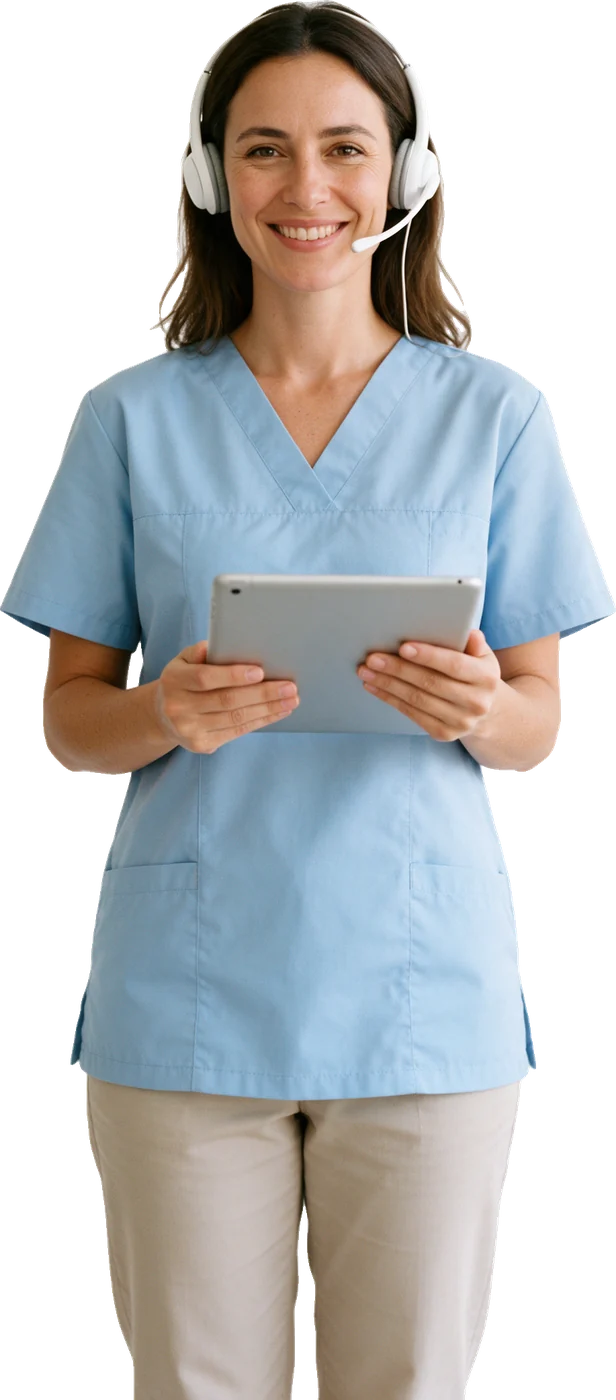 A receptionist with a headset and a tablet