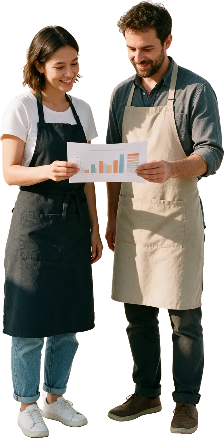 Two café co-owners reading a chart together
