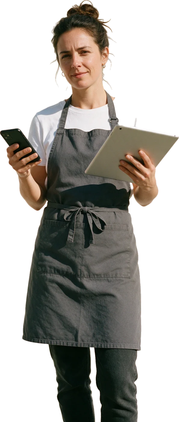 A restaurant owner holding a phone and a tablet