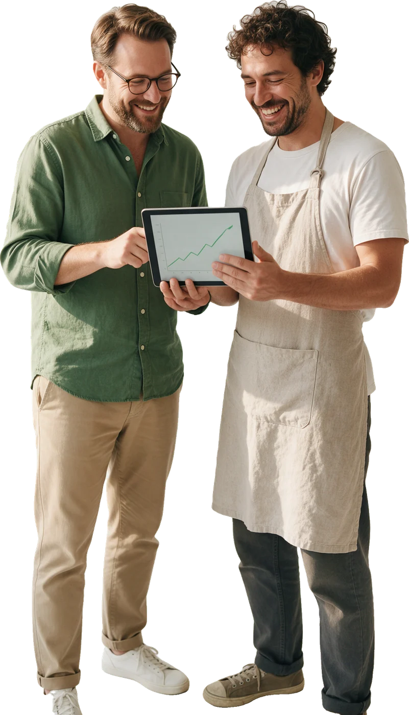 A consultant and an owner reviewing results together on a tablet