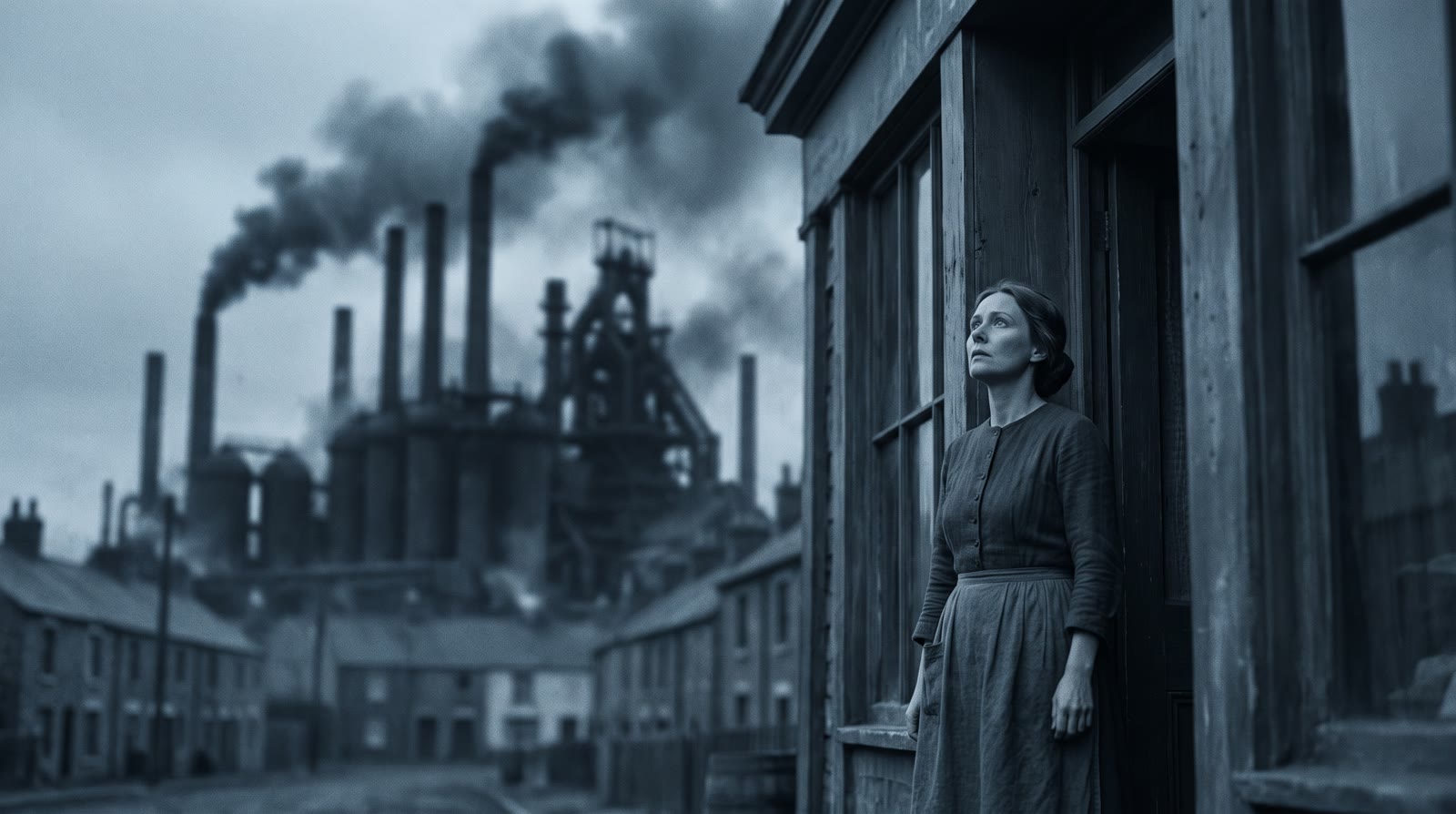 A shopkeeper stands in her doorway beneath the smokestacks of an industrial mill