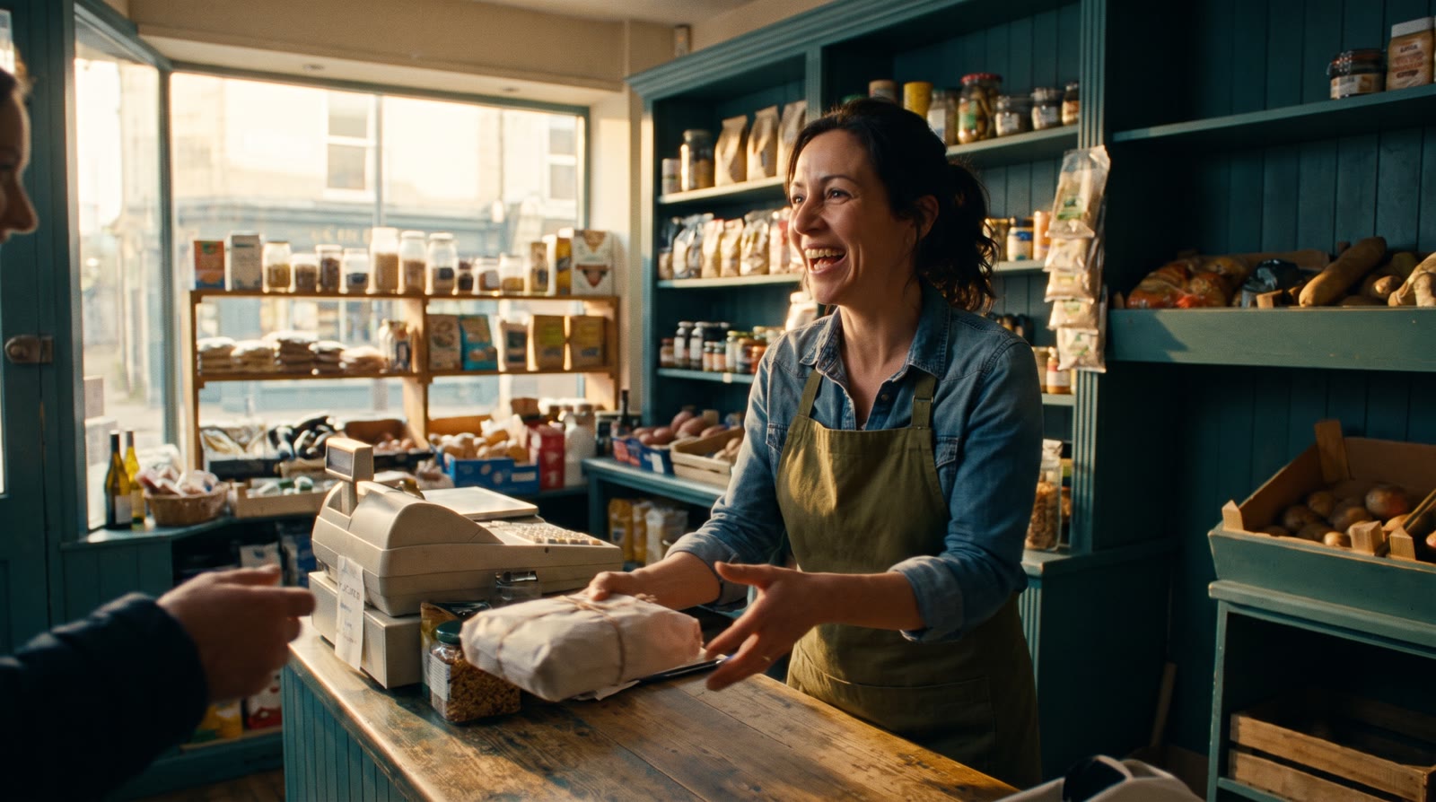 The same owner in a warm, busy shop, handing a parcel to a customer