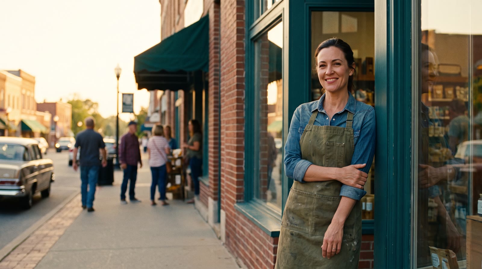 A shop owner standing in her doorway on a busy, sunlit main street